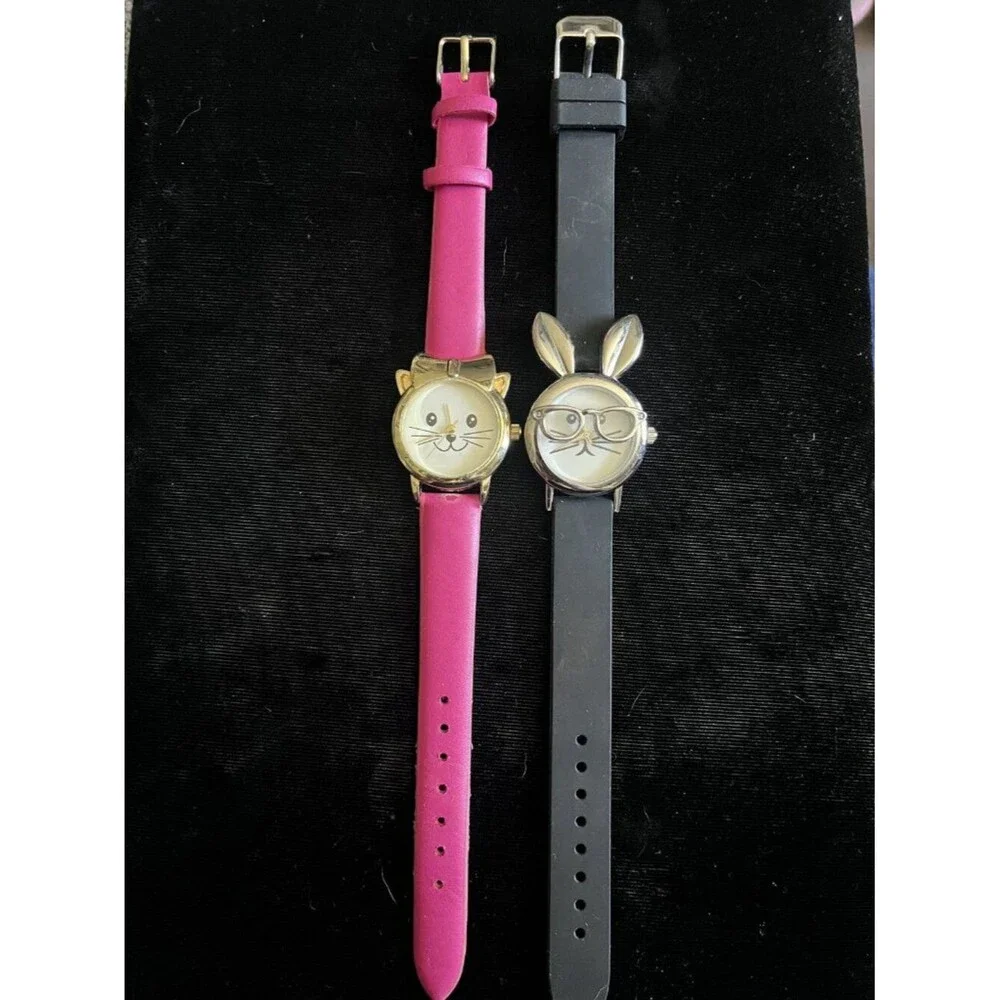 Lot 2 Cute Animal Face Watches Cat Bunny New Battery